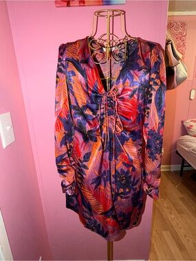Zara Long-Sleeve Floral Dress in Purple and Red-Orange